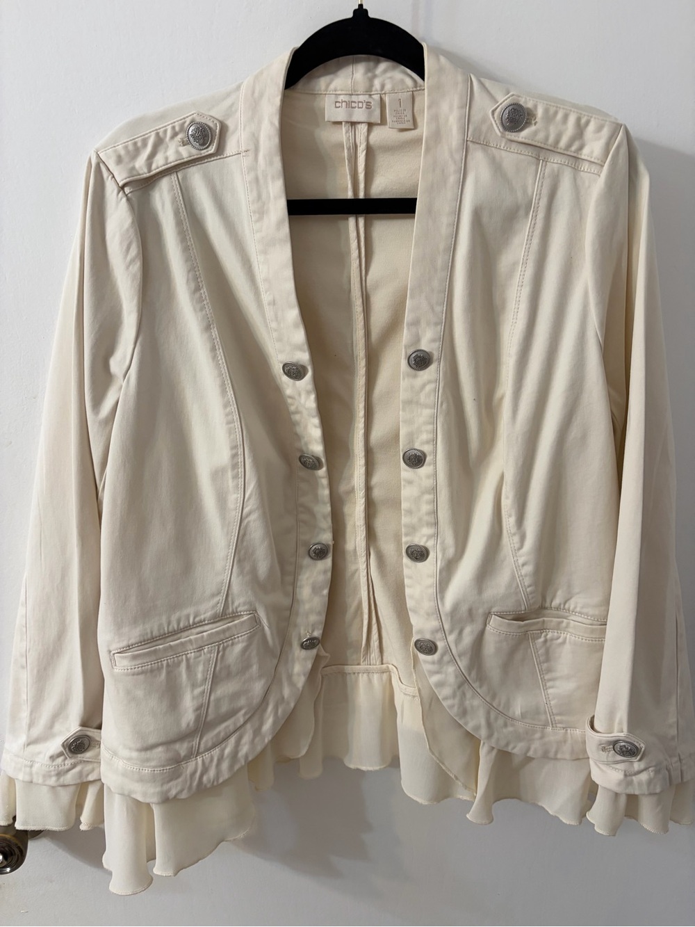 Chico's Cream Ruffle-Hem Blazer with Decorative Buttons